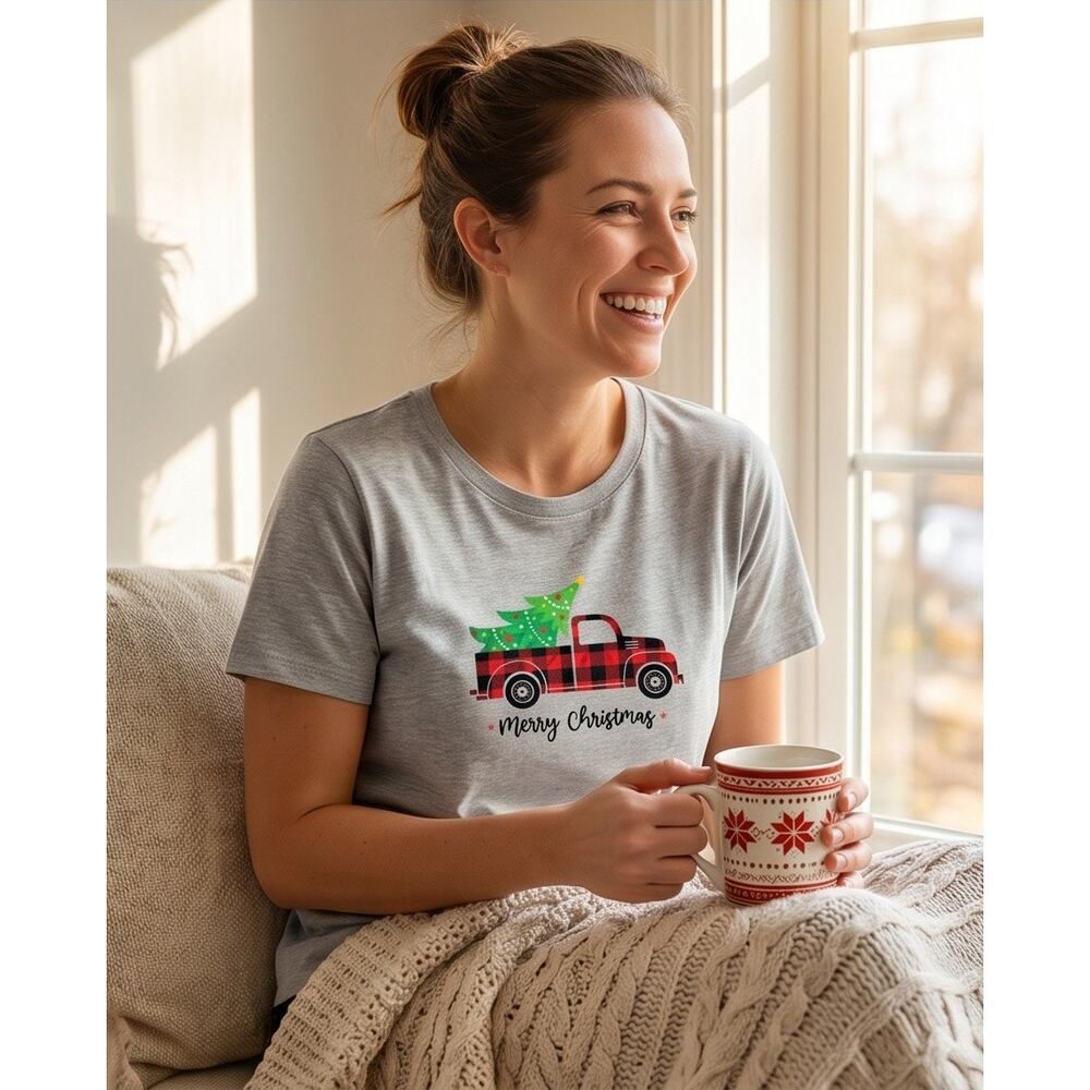 Holiday Time Womens Grey Merry Christmas with Truck and Tree Design Tee